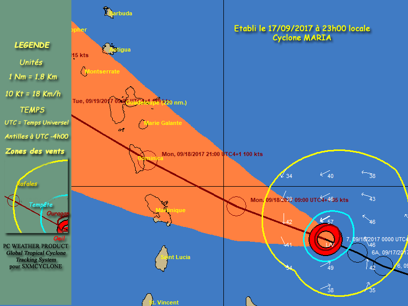 OURAGAN MARIA : L’oeil est à 100km du François et se déplace à environ 18-20km/h en ligne de mire La Dominique (J.N.Degrace)